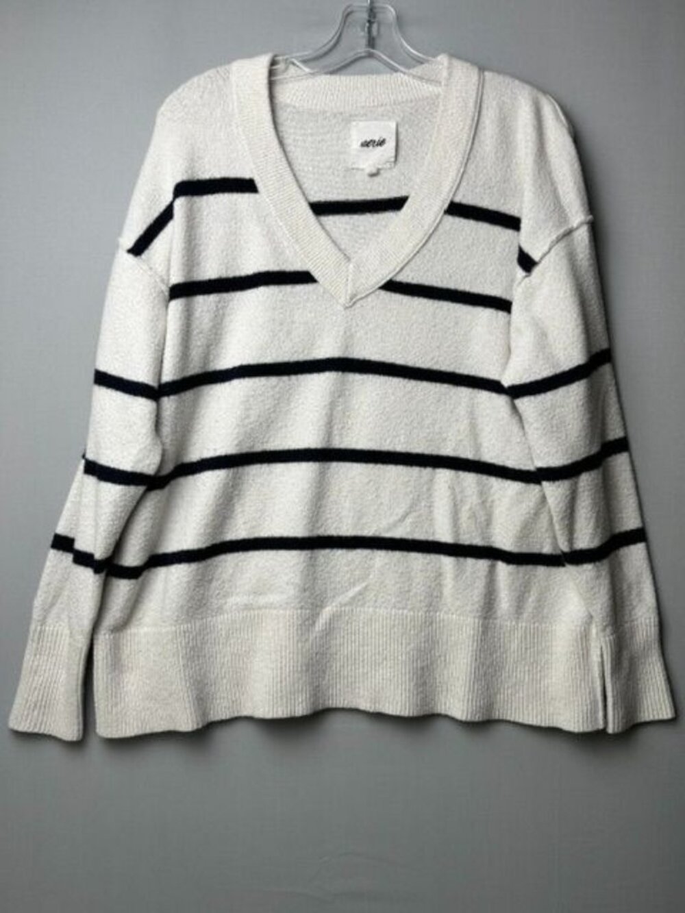 Aerie Women's S/P Oversized Striped V Neck Sweater Cream Black Coastal Preppy